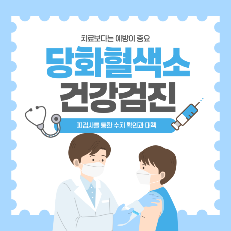 당화혈색소 건강검진 글자가 적힌 돋보기와 주사기 일러스트 아이콘