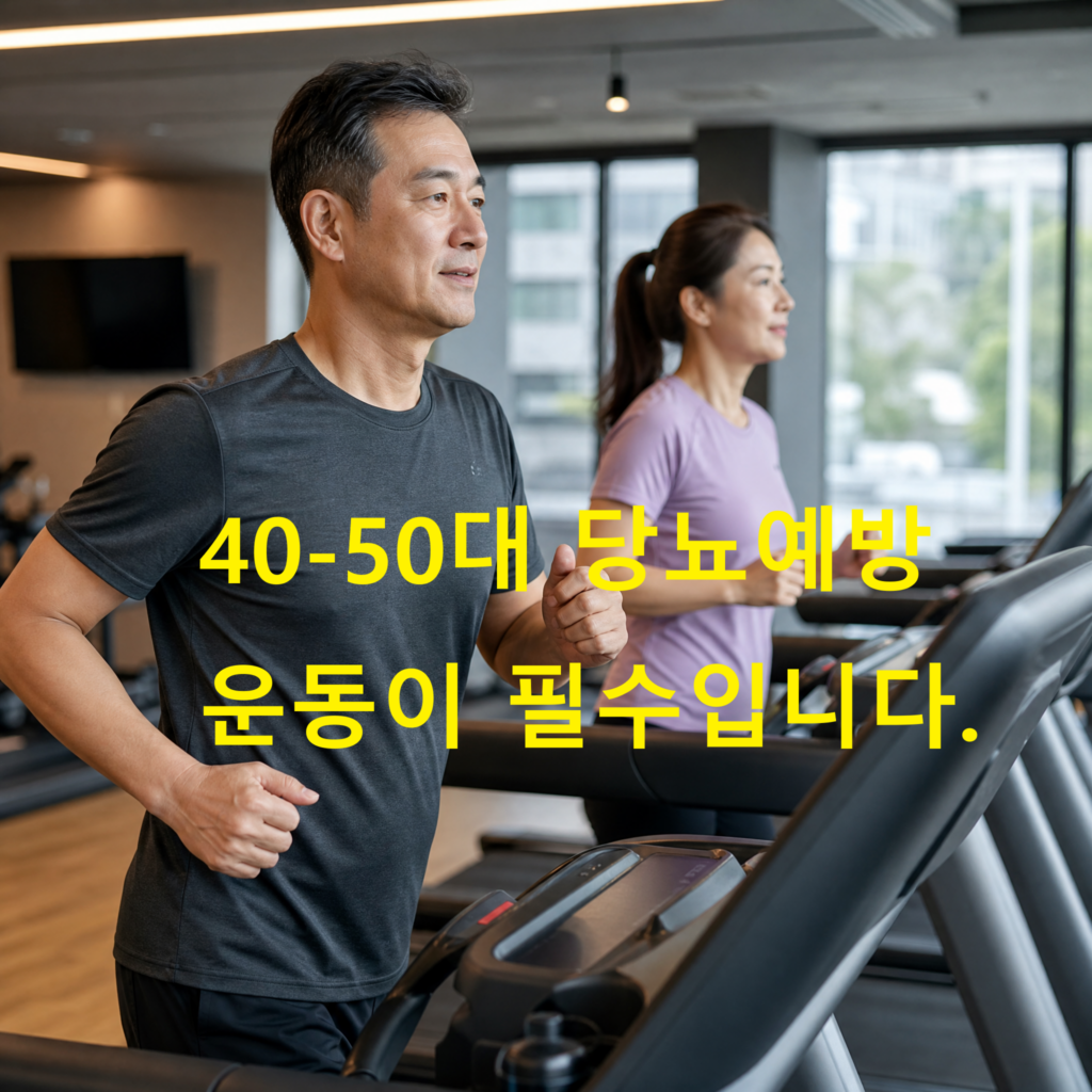 40대 50대 당뇨병 예방 및 건강관리를 위해 실내에서 러닝머신 운동을 실천하고 있는 모습