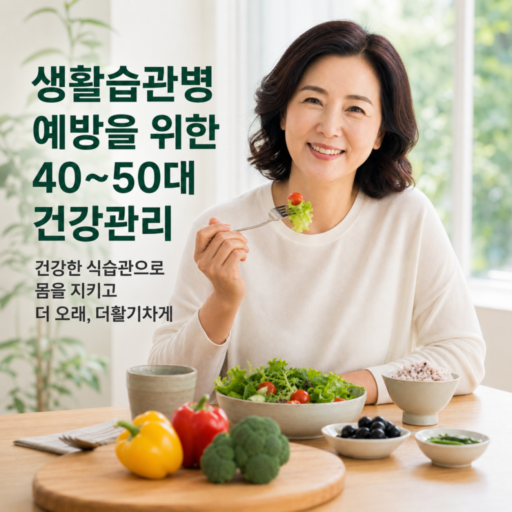 생활습관병 예방을 위한 40~50대 건강관리 안내 이미지 - 건강한 식습관으로 몸을 지키고 더 오래 더 활기차게