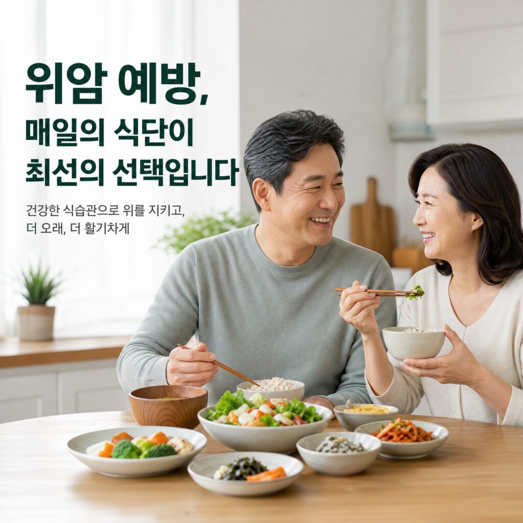 위암 예방을 위해 건강한 식단관리를 하며 미소 짓고 있는 40-50대 중년 부부의 모습. 이미지 좌측에는 '위암 예방, 매일의 식단이 최선의 선택입니다. 건강한 식습관으로 위를 지키고, 더 오래, 더 활기차게'라는 안내 문구가 적혀 있다.
