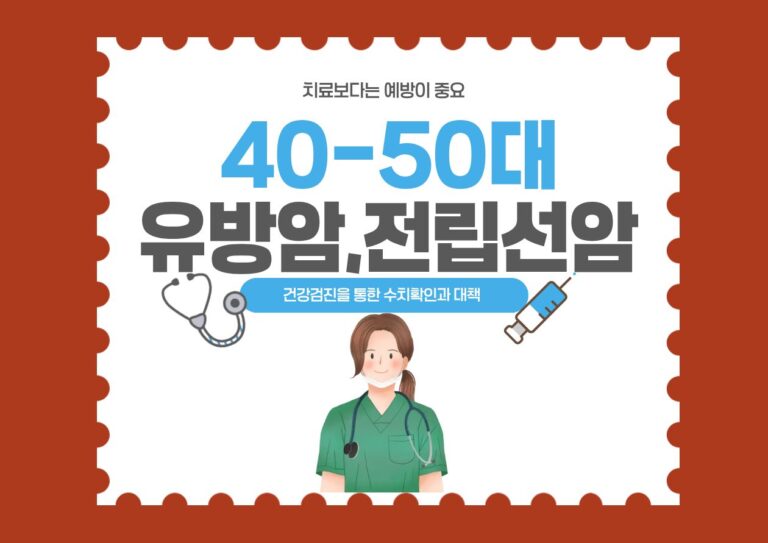 40-50대 유방암 및 전립선암 예방과 건강관리를 주제로 한 일러스트. 중앙에 의사 캐릭터가 있고 양옆으로 유방암과 전립선암 텍스트가 적힌 주황색 메인 타이틀 이미지.