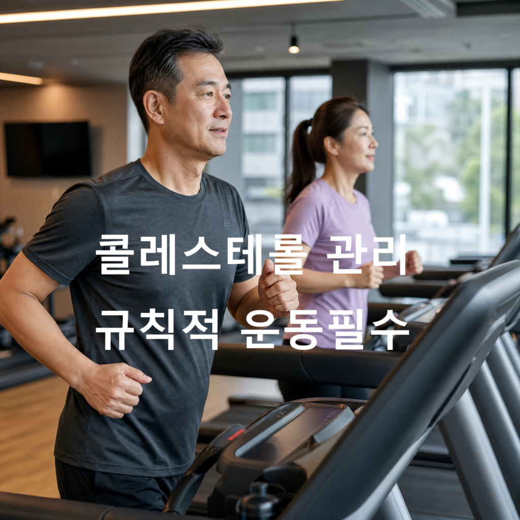 40대 50대 콜레스테롤 관리를 위해 헬스장에서 규칙적으로 유산소 운동을 하고 있는 중년 남녀 모습